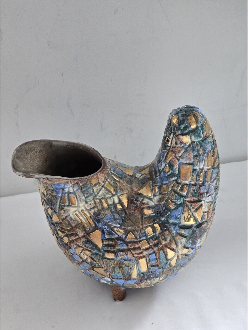Vintage Sascha Brastoff Mid Century Modern Enamel Mosaic Peahen Bird Vase Signed